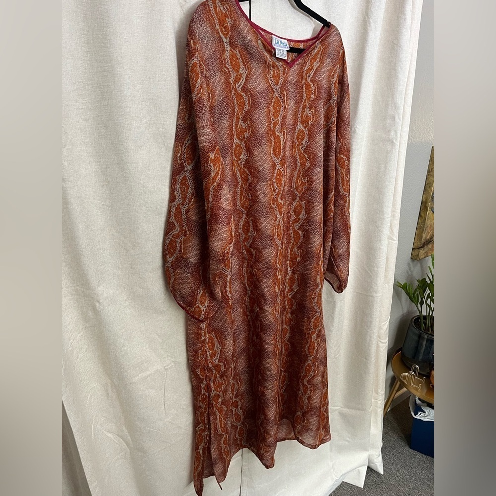 5/$45 Vintage 70s Long Semi Sheer Orange Snakeskin Kaftan by La Nuit - Picture 2 of 14